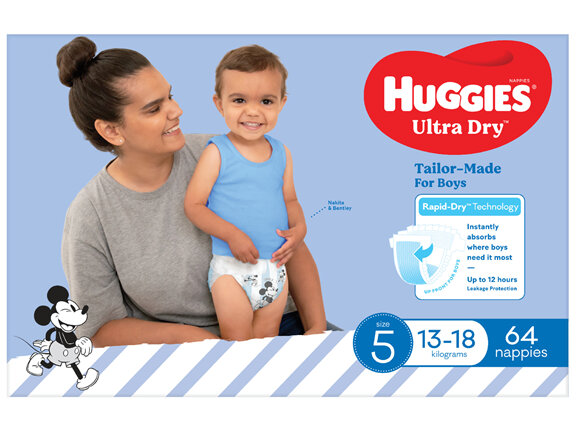 Huggies Ultra Dry Nappies Boys Size 5 (13-18kg) 64 Pack