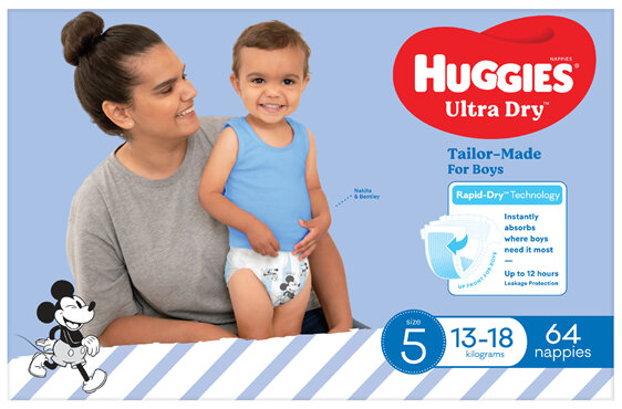 Huggies Ultra Dry Nappies Boys Size 5 (13-18kg) 64 Pack