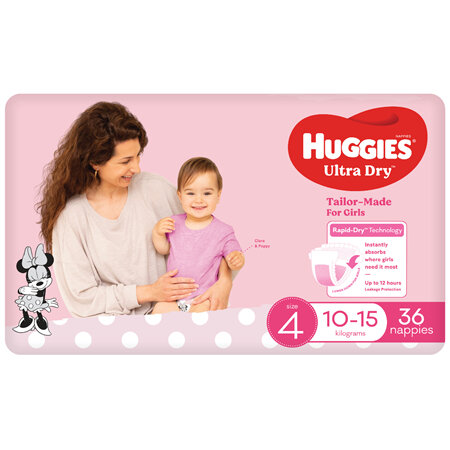Huggies Ultra Dry Nappies Girl Size 4 (10-15kg) 36 Pack