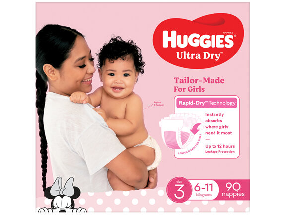 Huggies Ultra Dry Nappies Girls Size 3 (6-11kg) 90 Pack