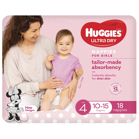 Huggies Ultra Dry Nappies Girls Size 4 (10-15kg) 18 Pack