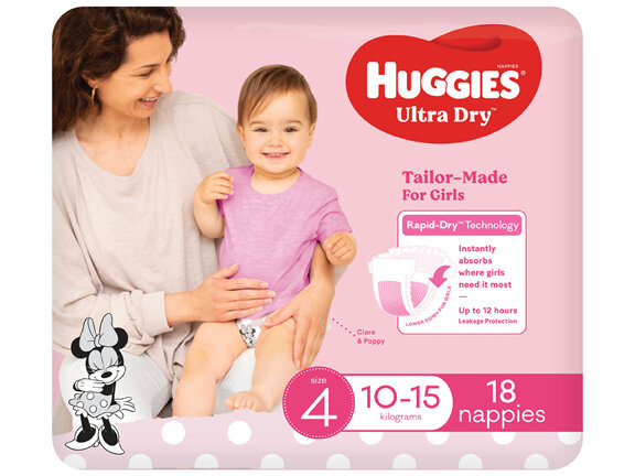 Huggies Ultra Dry Nappies Girls Size 4 (10-15kg) 18 Pack