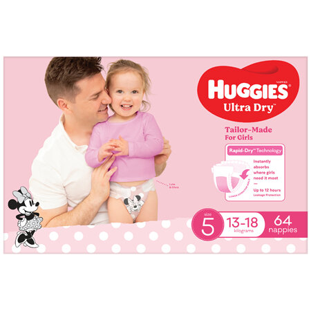 Huggies Ultra Dry Nappies Girls Size 5 (13-18kg) 64 Pack