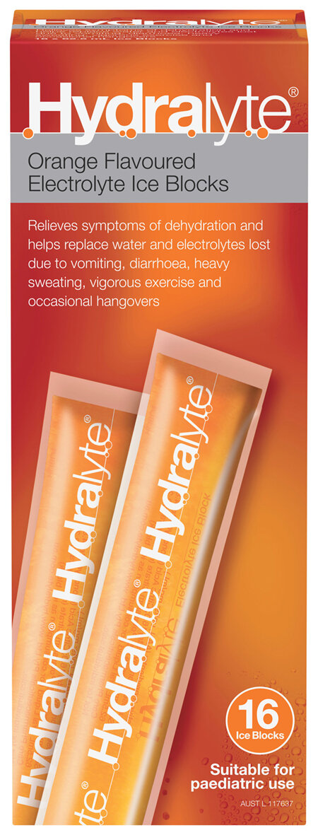 Hydralyte Electrolyte Ice Blocks Orange Flavoured 16 Pack
