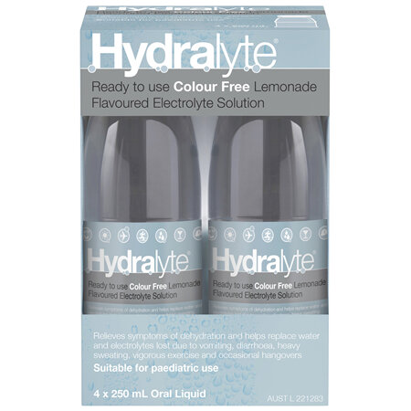 Hydralyte Ready to use Electrolyte Solution Colour Free Lemonade Flavoured 4 x 250mL
