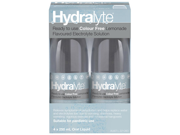 Hydralyte Ready to use Electrolyte Solution Colour Free Lemonade Flavoured 4 x 250mL