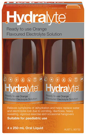 Hydralyte Ready to use Electrolyte Solution Orange Flavoured 4 x 250mL