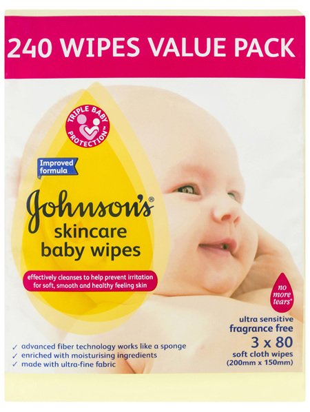 Johnson's Skincare Baby Wipes Fragrance Free 3 x 80 Pack