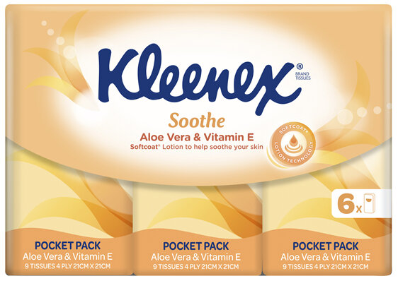 Kleenex Aloe Vera & Vitamin E Pocket Pack 4 Ply Facial Tissues 6x9 Pack