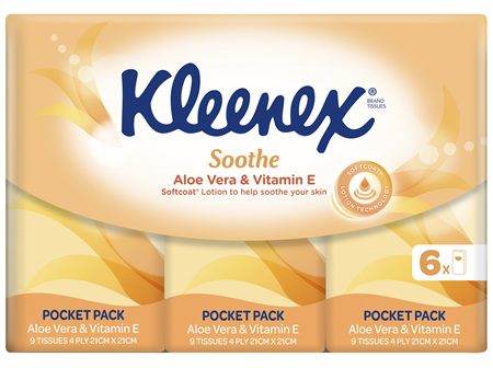 Kleenex Aloe Vera & Vitamin E Pocket Pack Facial Tissues, 6 Pack x 9 Sheets