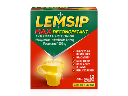 Lemsip Max Decongestant Cold & Flu Hot Drink Lemon Sachets 10s