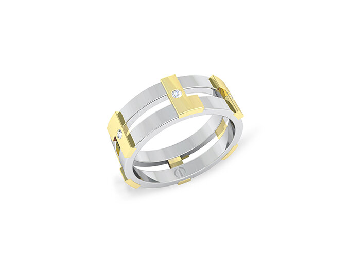 Modern industrial diamond, yellow and white gold men's wedding ring