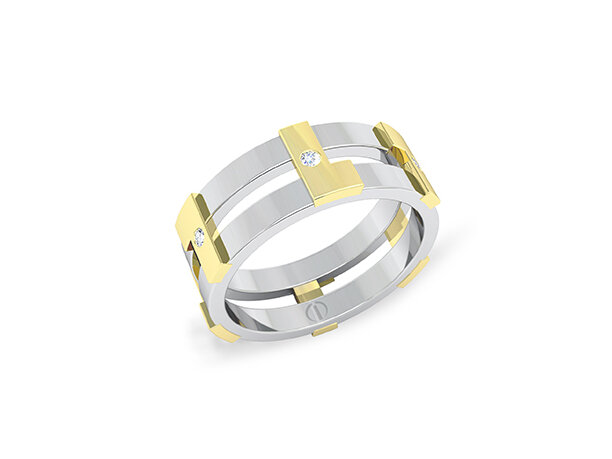 Modern industrial diamond, yellow and white gold men's wedding ring