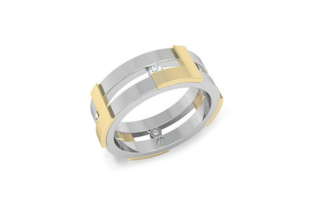 Modern men's wedding ring white gold, yellow gold and diamond band