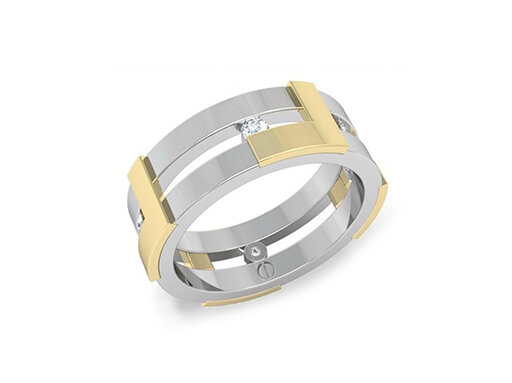Modern men's wedding ring white gold, yellow gold and diamond band