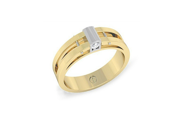 Modern men's yellow and white gold wedding ring with subtle diamonds