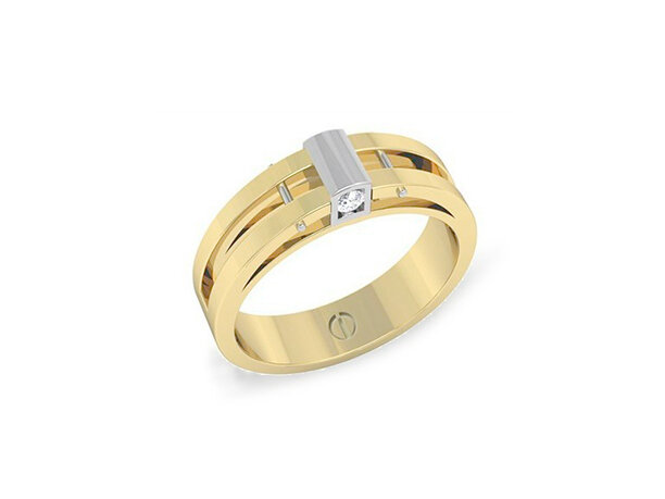 Modern men's yellow and white gold wedding ring with subtle diamonds