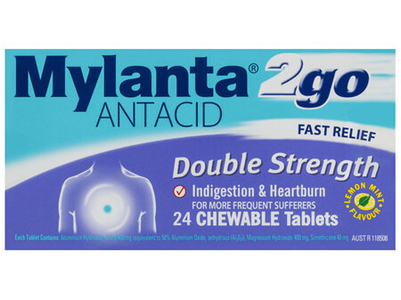 Mylanta 2Go Antacid Double Strength Chewable Tablets Lemon Mint 24 Pack