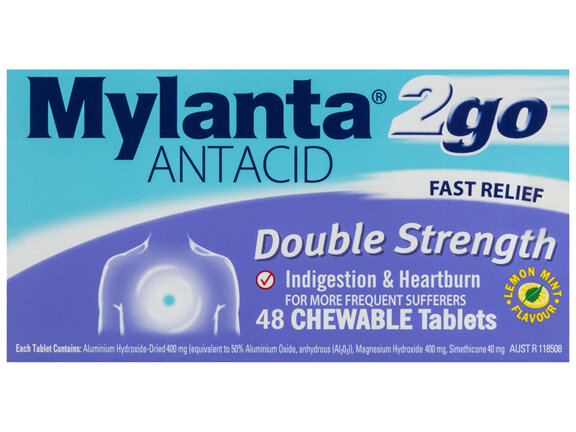 Mylanta 2Go Antacid Double Strength Chewable Tablets Lemon Mint 48 Pack