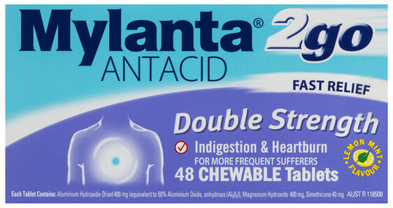 Mylanta 2Go Antacid, Double Strength Chewable Tablets, 48 Pack