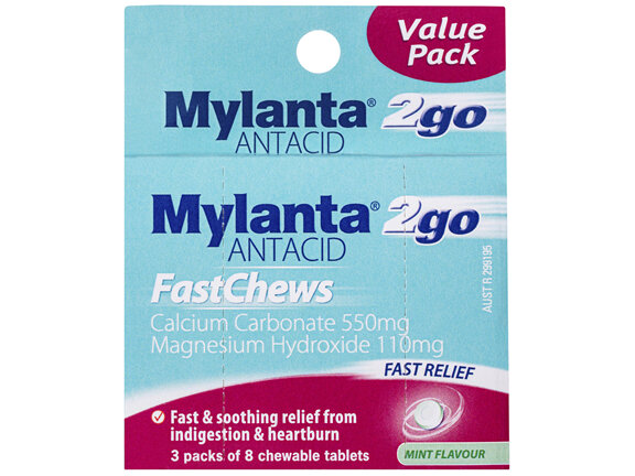 Mylanta 2Go Antacid FastChews Tablets Mint 3 x 8 Pack