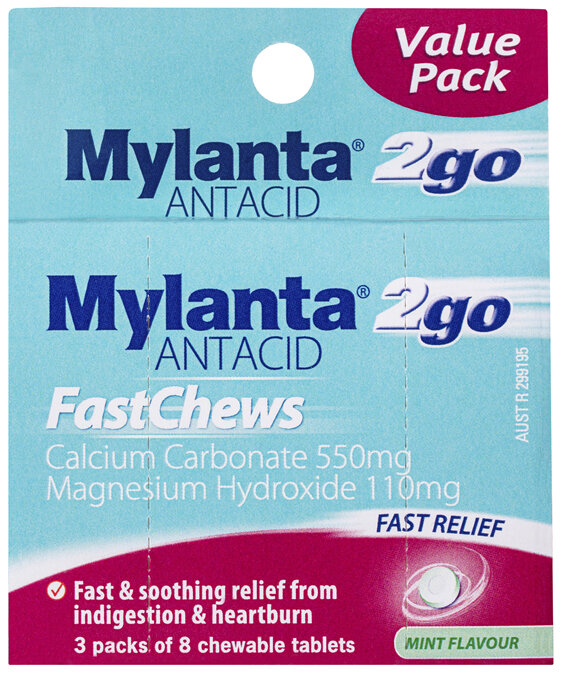 Mylanta 2Go Antacid, Mint FastChews, 3 x 8 Pack