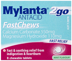 Mylanta 2Go Antacid, Mint FastChews, 8 Pack