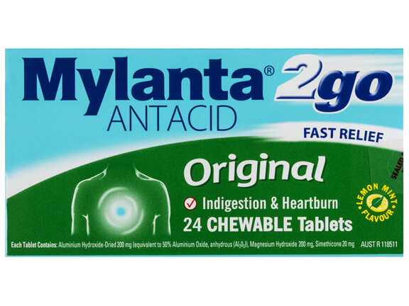 Mylanta 2Go Antacid Original Chewable Tablets Lemon Mint 24 Pack