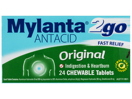 Mylanta 2Go Antacid Original Chewable Tablets Lemon Mint 24 Pack