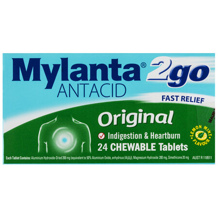 Mylanta 2Go Antacid Original Chewable Tablets Lemon Mint 24 Pack