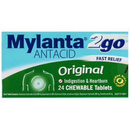 Mylanta 2Go Antacid Original Tablets Lemon Mint 24 Pack
