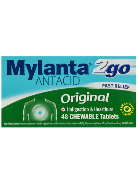 Mylanta 2Go Antacid Original Tablets Lemon Mint 48 Pack