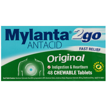 Mylanta 2Go Antacid Original Tablets Lemon Mint 48 Pack