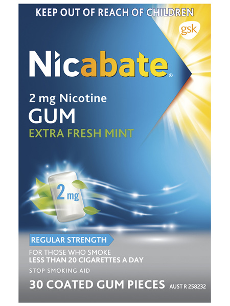 Nicabate Gum Nicotine 2mg Regular Strength Extra Fresh Mint 30 Pack