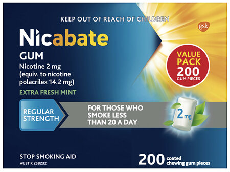 Nicabate Gum Nicotine 2mg Regular Strength Extra Fresh Mint 200 Pack