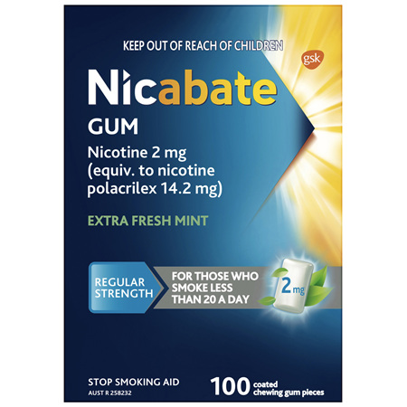 Nicabate Gum Nicotine 2mg Regular Strength Extra Fresh Mint 100 Pack