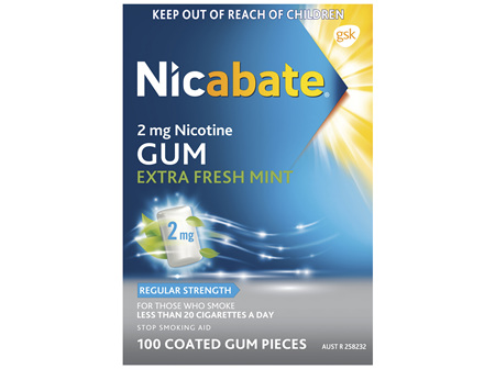 Nicabate Gum Nicotine 2mg Regular Strength Extra Fresh Mint 100 Pack