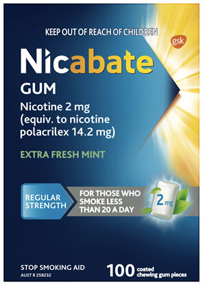 Nicabate Gum Stop Smoking Nicotine 2mg Regular Strength Extra Fresh Mint Coated Chewing Gum 100