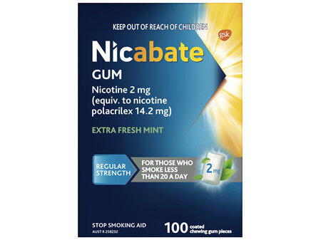 Nicabate Gum Stop Smoking Nicotine 2mg Regular Strength Extra Fresh Mint Coated Chewing Gum 100