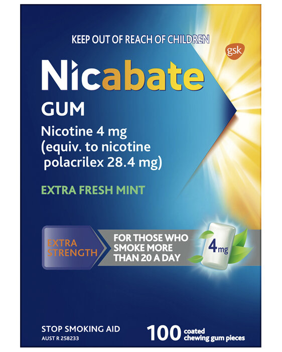 Nicabate Gum Stop Smoking Nicotine 4mg Extra Strength Extra Fresh Mint Coated Chewing Gum 100 Pack