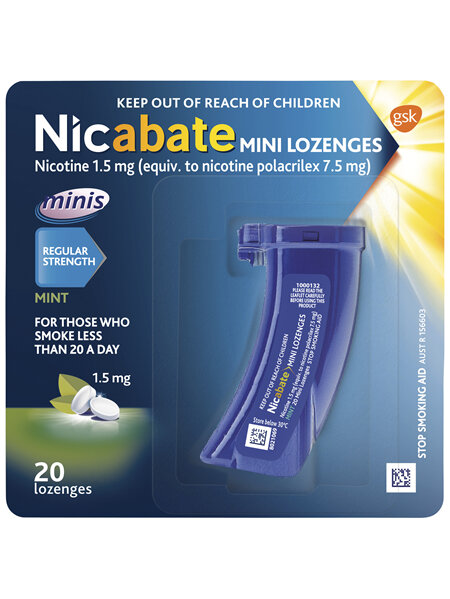 Nicabate Mini Lozenge Quit Smoking Nicotine 1.5mg Regular Strength Mint 20 Pack