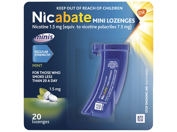 Nicabate Mini Lozenge Quit Smoking Nicotine 1.5mg Regular Strength Mint 20 Pack