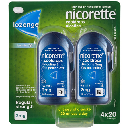 Nicorette Quit Smoking Cooldrops Lozenge Icy Mint Regular Strength 4 x 20 Pack