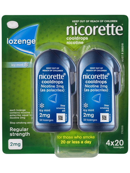 Nicorette Quit Smoking Cooldrops Lozenge Icy Mint Regular Strength 4 x 20 Pack