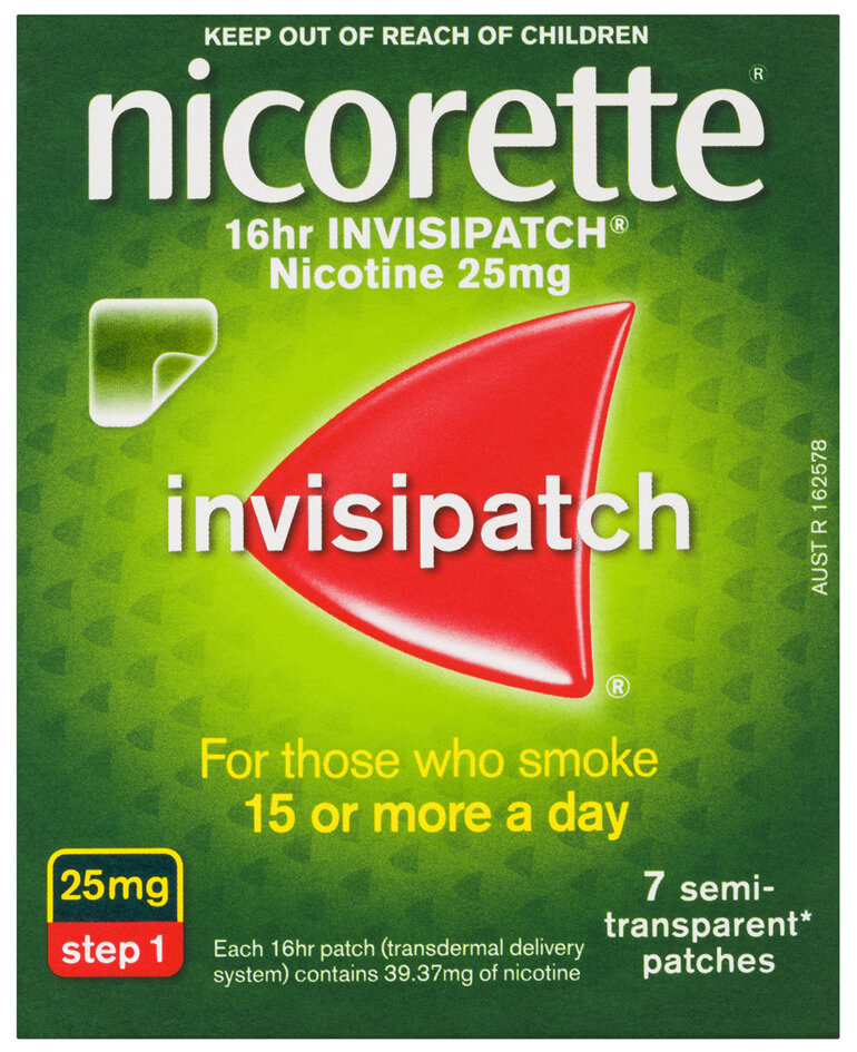 Nicorette Quit Smoking Nicotine 16 hour Invisipatch Step 1 25mg 7 Pack