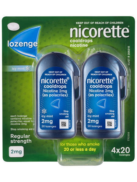 Nicorette Quit Smoking Regular Strength Cooldrops Nicotine Lozenge Icy Mint 4 x 20 Pack
