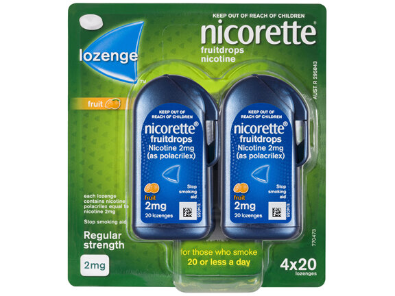 Nicorette Quit Smoking Regular Strength Nicotine Lozenge Fruitdrops 4 x 20 Pack