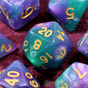 Now Available Purple and Teal with Gold Starlight Dice