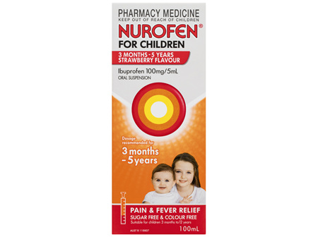 Nurofen For Children 3months - 5years Pain and Fever Relief 100mg/5mL Ibuprofen Strawberry 100mL