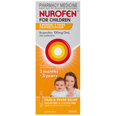 Nurofen For Children 3months - 5years Pain and Fever Relief 100mg/5mL Ibuprofen Orange 200mL